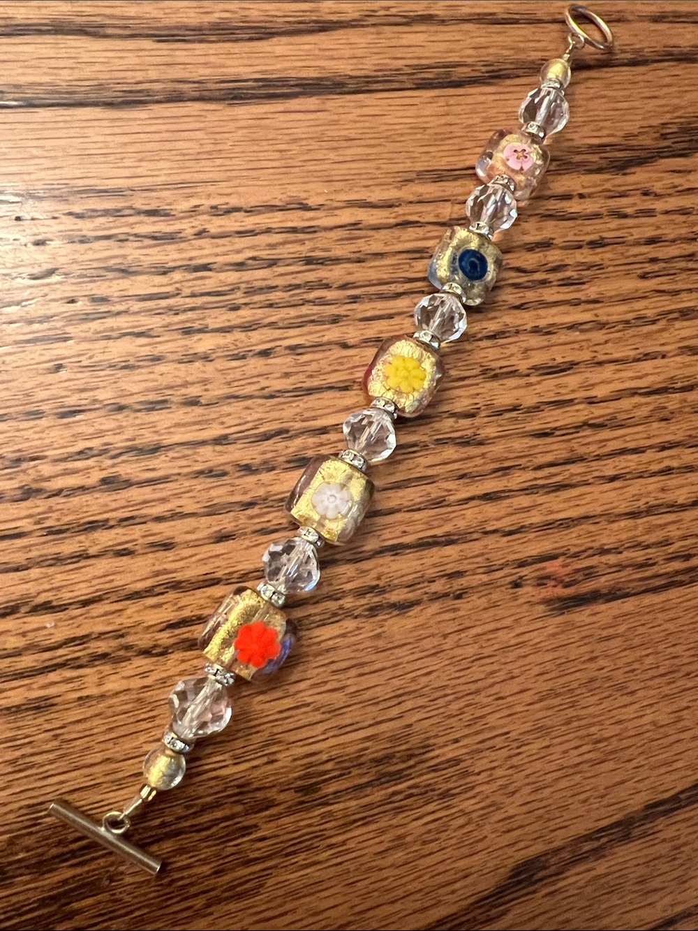 Vintage Floral Murano Glass Beaded Bracelet Multicolor Flowers T Toggle Jewelry